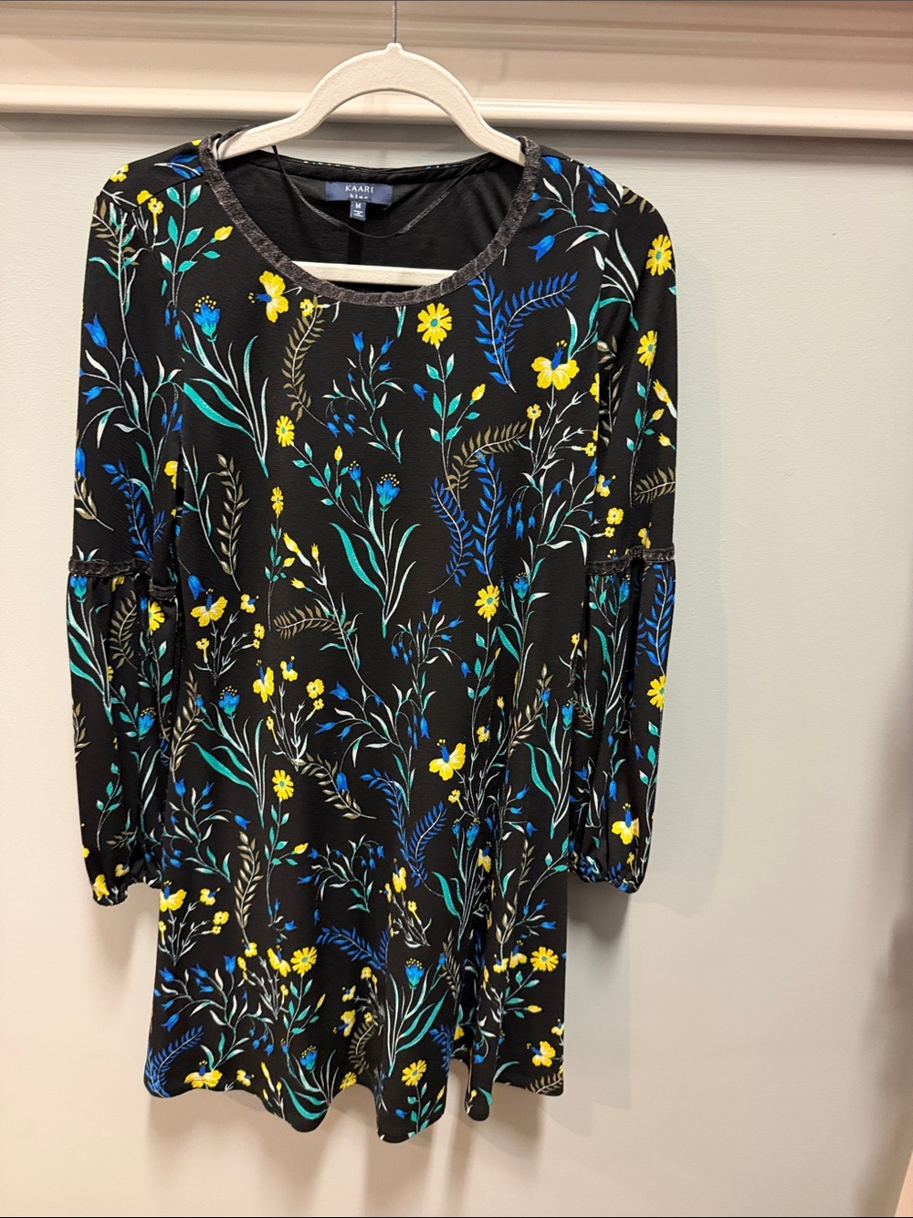 Kaari Blue Black Long-Sleeve Floral Dress with Yellow & Blue Print